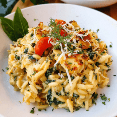 One Pan Spinach and Artichoke Orzo Bake